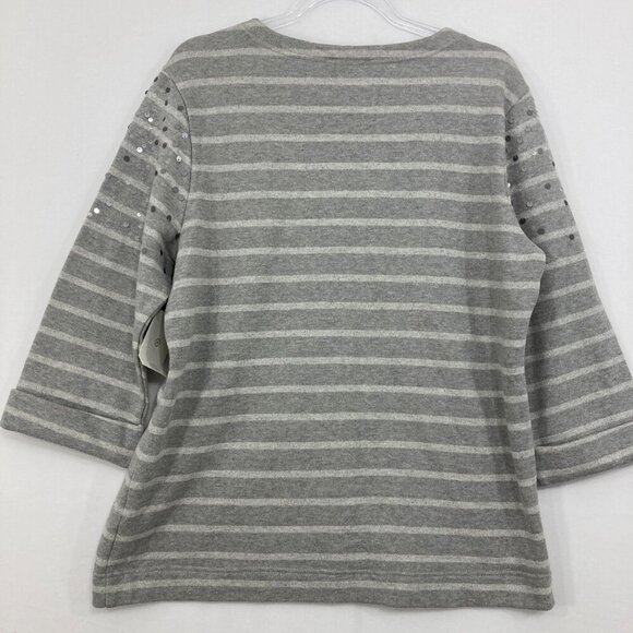 New Coldwater Creek size Large Gray Striped Sequins 3/4 Sleeve Stretch Knit Top - Picture 2 of 11